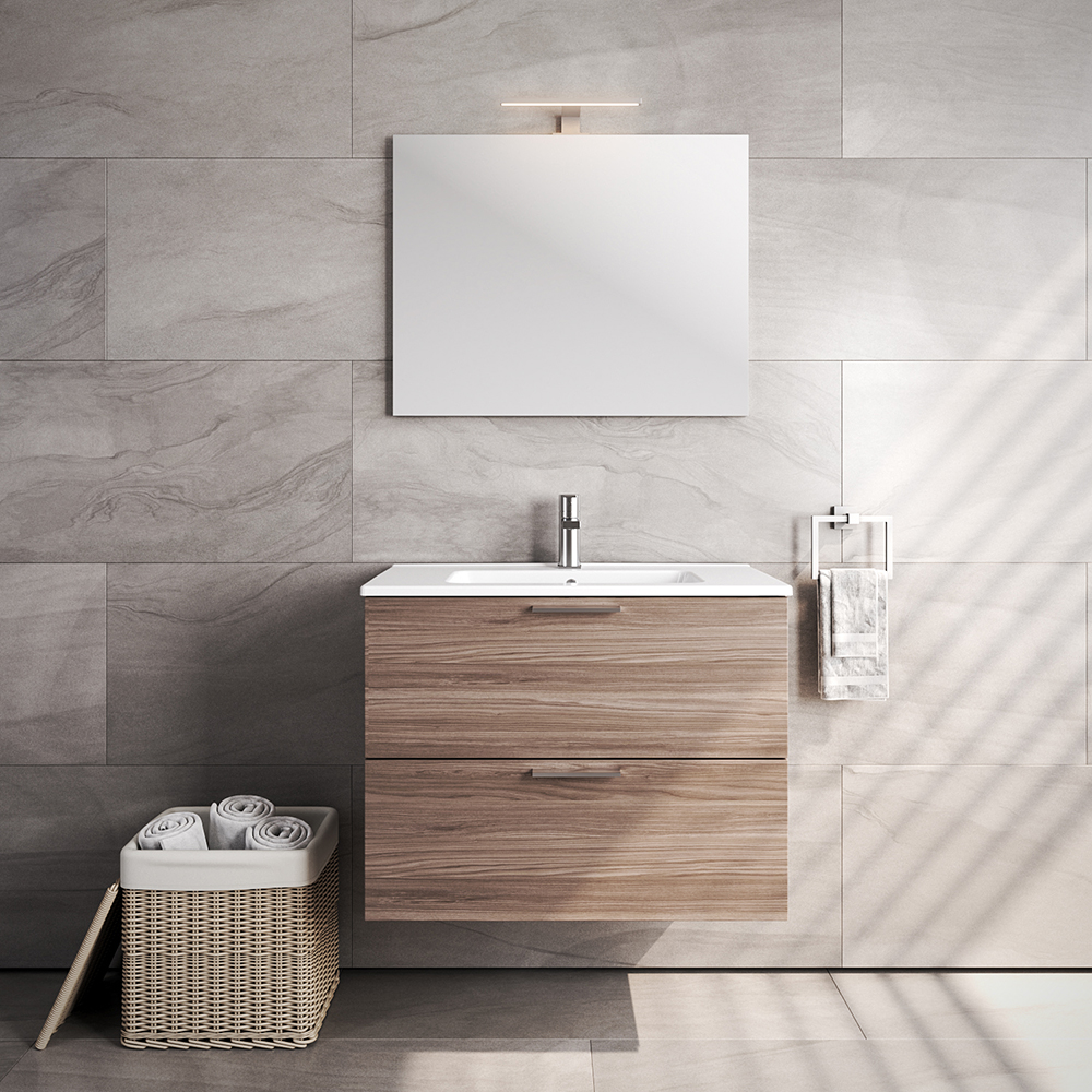 

VitrA All-in-One : Natural Walnut Bathroom Cabinet (79cm), Basin & LED Mirror Set