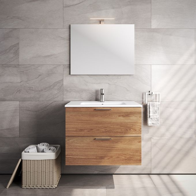 طقم خزانة حمام 79 (عرض) × 39.5 (عمق) سم خشب طبيعي مع مغسلة ومرآة من فيترابلوط طبيعي