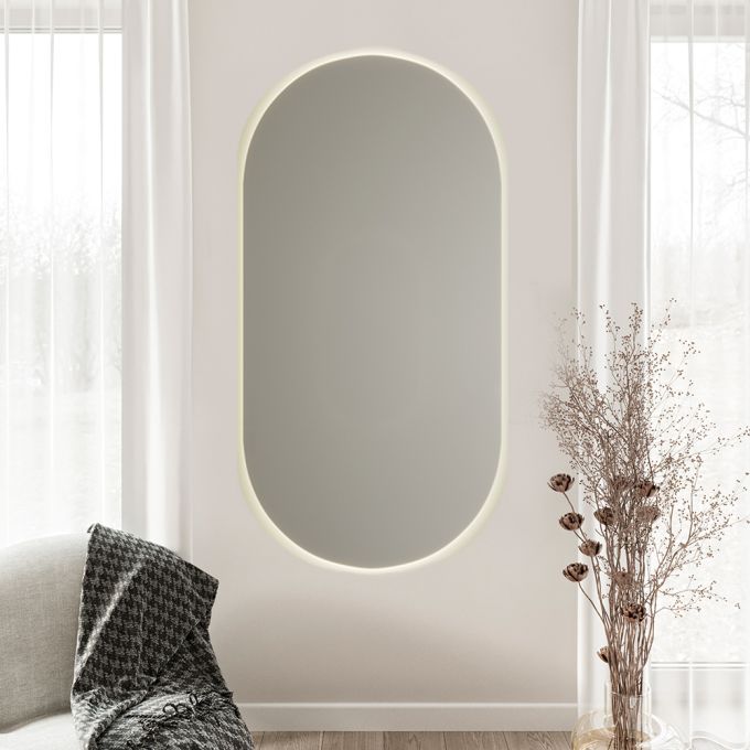 مرآة بيضاوية بدون إطار مصنوعة يدويًا 40 (عرض) × 90 (ارتفاع) سم - مع ضوء ليد 