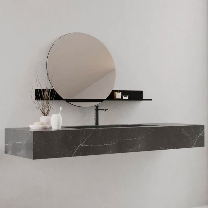 Fink London Round Mirror 37cm (W) with Steel Shelf 60cm (W) - Midnight Black