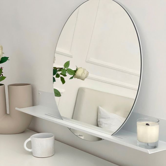 Fink London Round Mirror 60cm (W) with Steel Shelf 97cm (W) - Polar White