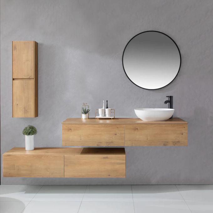 Bernstein Bathroom Double Cabinet Set 150(W)x48(D) cm Natural Oak with Solid Surface Basin Natural Oak