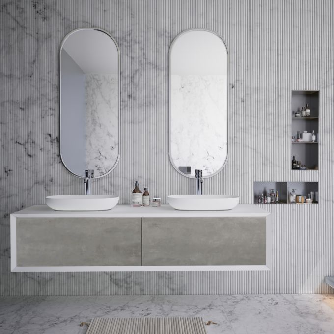 Bernstein Bathroom Cabinet Set 180(W)x55(D) cm Concrete Grey Matt with Two Solid Surface Basins