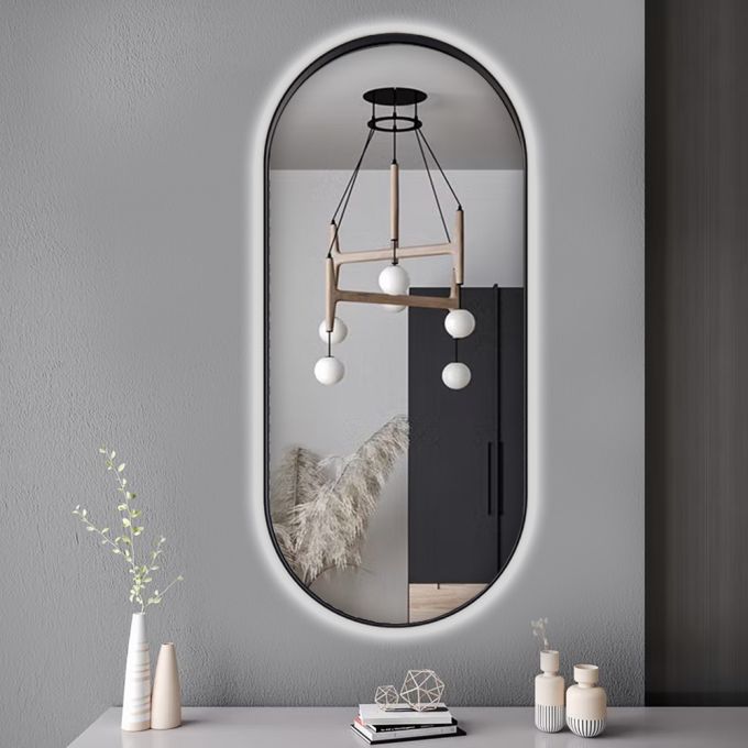 مرآة بيضاوية مصنوعة يدويًا 40 (عرض) × 90 (ارتفاع) سم - إطار فولاذي أسود مع ضوء ليد