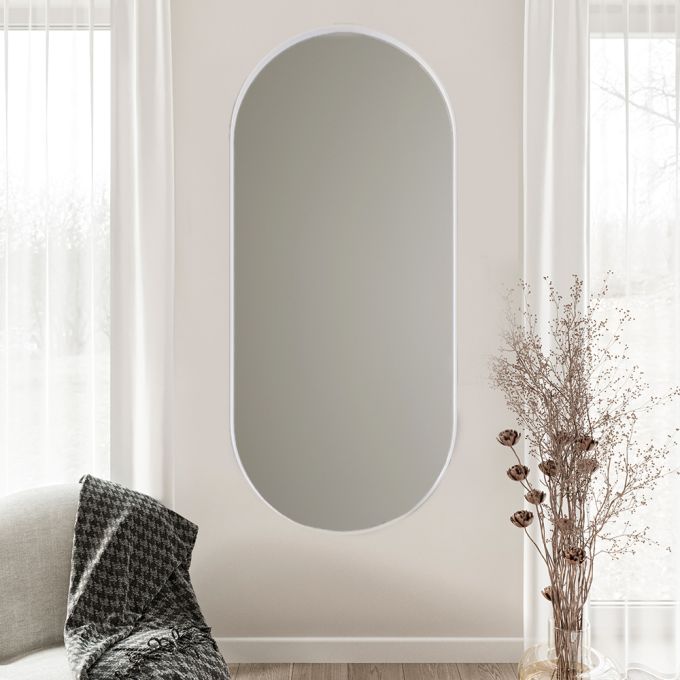 مرآة بيضاوية مصنوعة يدويًا 40 (عرض) × 90 (ارتفاع) سم - إطار فولاذي أبيضابيض