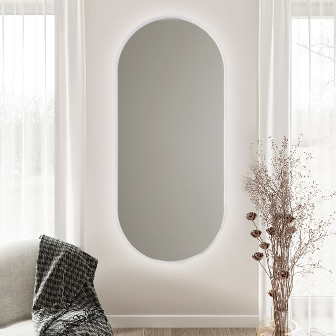 مرآة بيضاوية مصنوعة يدويًا 40 (عرض) × 90 (ارتفاع) سم - إطار فولاذي أبيض مع ضوء ليد 