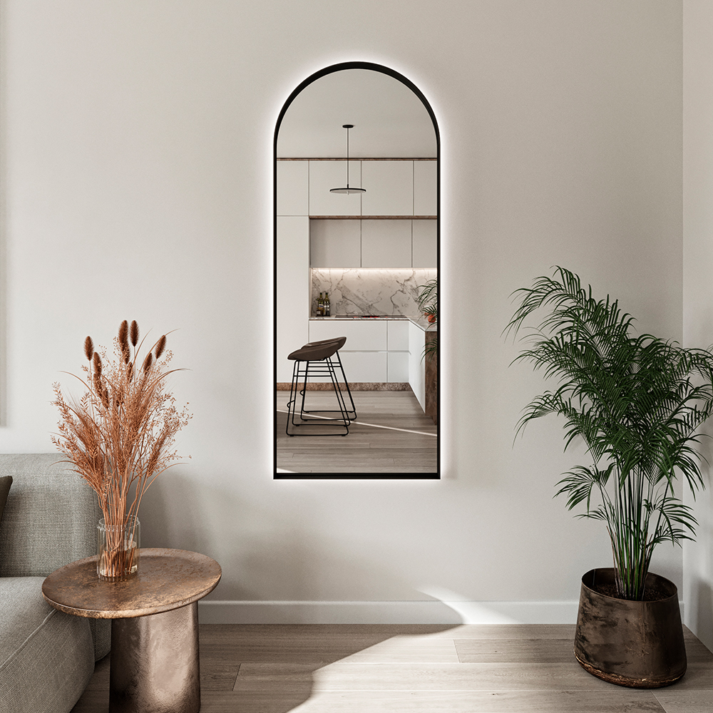 

Handcrafted Arch Mirror 60(W)x150(H) cm - Black Steel Frame with LED Light, Led black